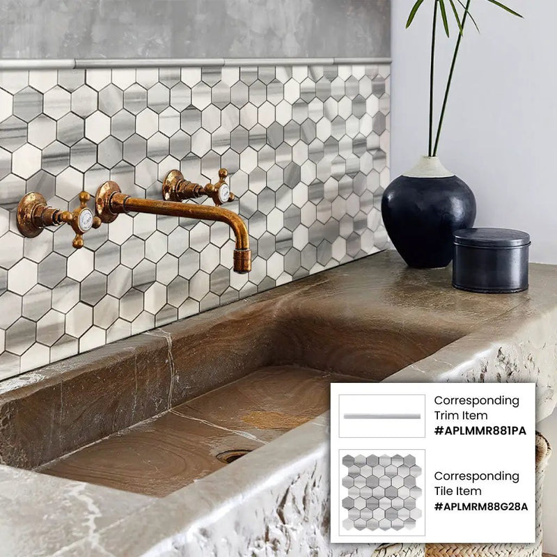 Gray 12x12 Polished Hexagon Equator Marble Mosaic Tile (5 pack, 4.83 sq ft/case) by Apollo Tile