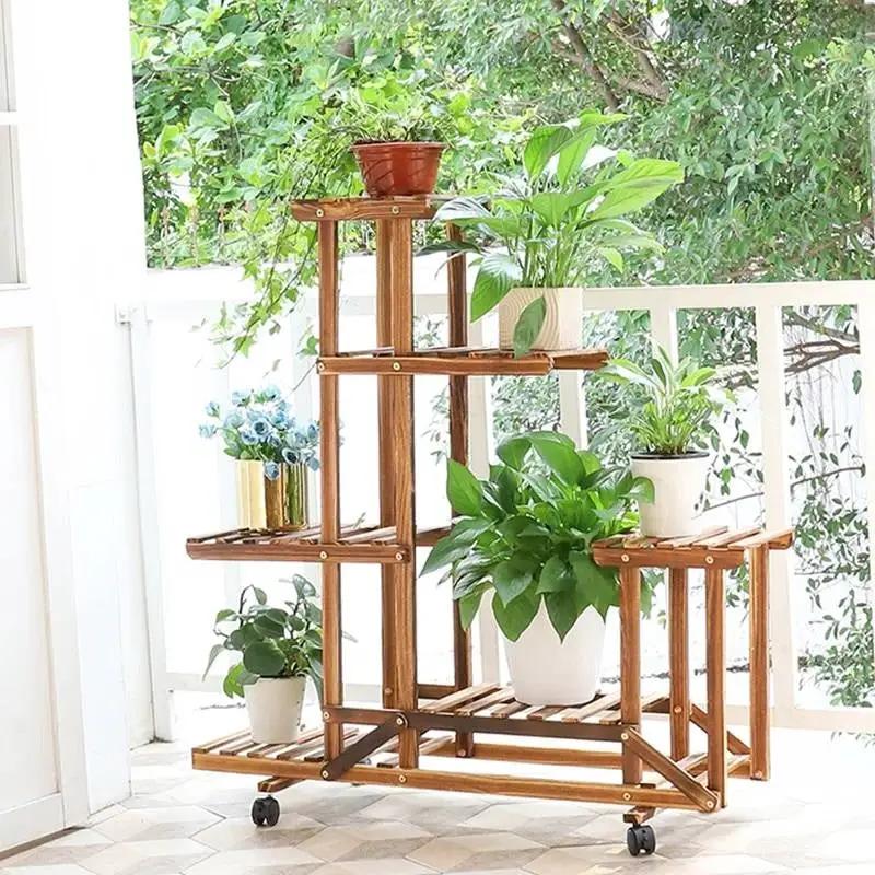 6-Shelf Portable Wooden Flower Pot Plant Stand with Locking Wheels by HomePacific