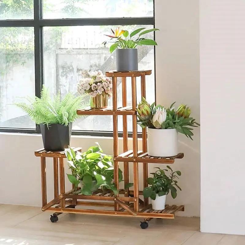 6-Shelf Portable Wooden Flower Pot Plant Stand with Locking Wheels by HomePacific