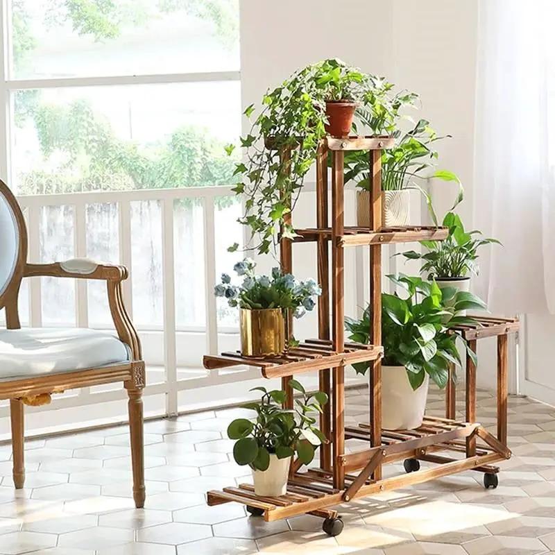 6-Shelf Portable Wooden Flower Pot Plant Stand with Locking Wheels by HomePacific