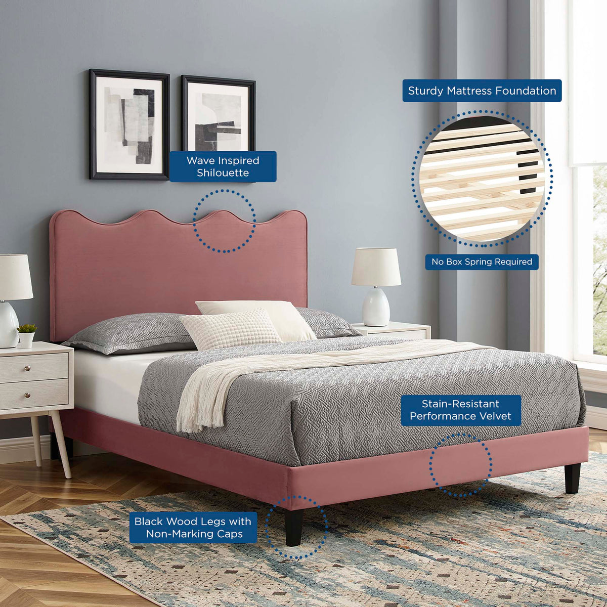 Current Performance Velvet Queen Platform Bed by Modway - Dusty Rose / Light Gray / Pink / White, photo 9 of 40