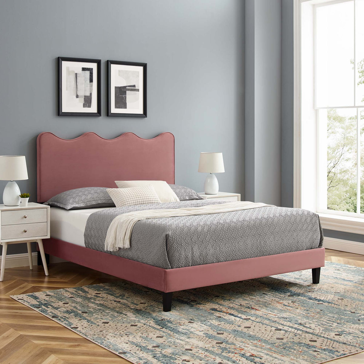 Current Performance Velvet Queen Platform Bed by Modway - Dusty Rose / Light Gray / Pink / White, photo 8 of 40