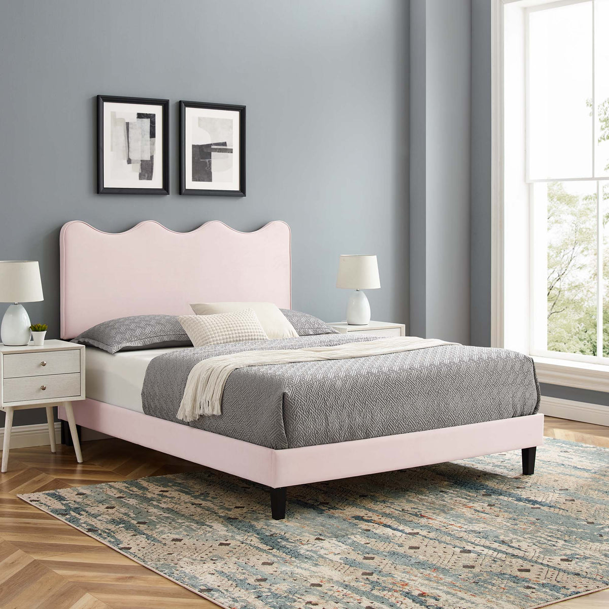 Current Performance Velvet Queen Platform Bed by Modway - Dusty Rose / Light Gray / Pink / White, photo 32 of 40