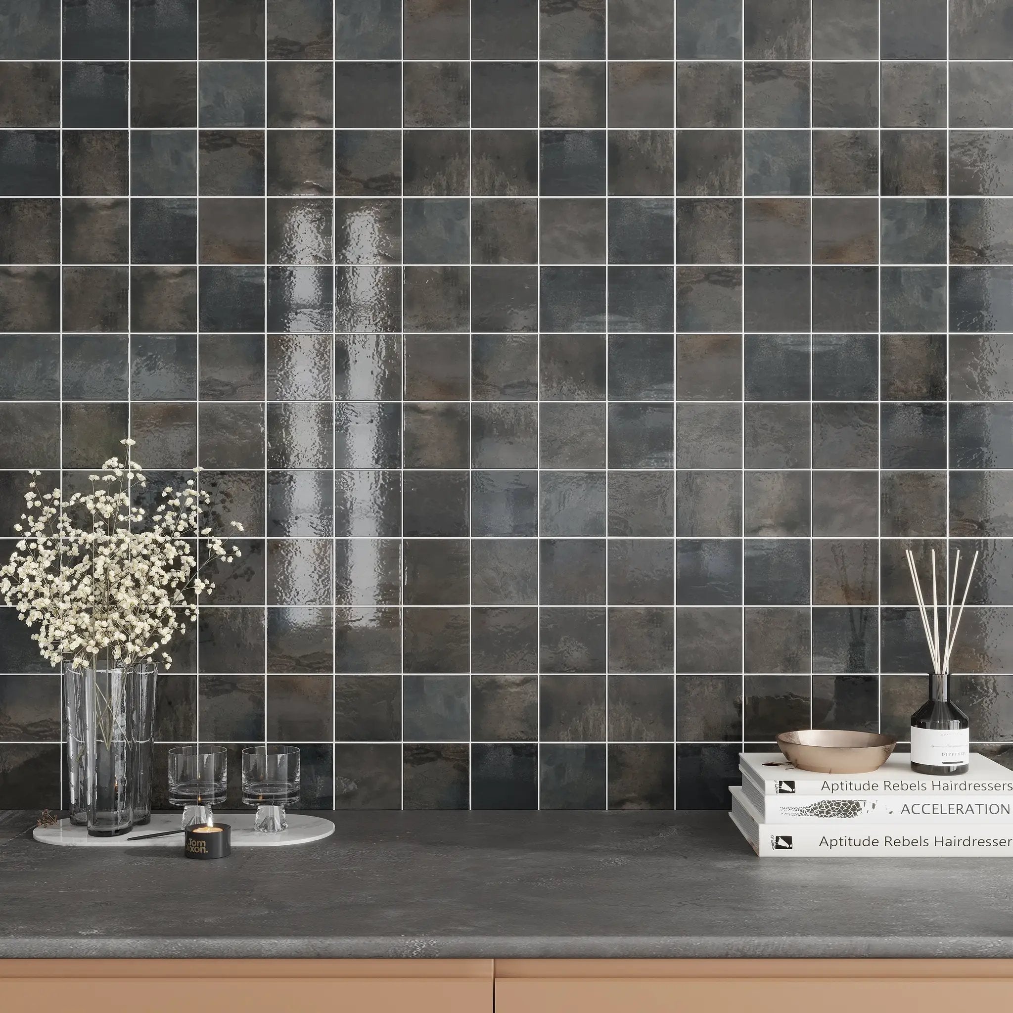 Black 4x4 Glossy Square Ceramic Tile (60 pack, 6.46 sq ft/case) by Apollo Tile