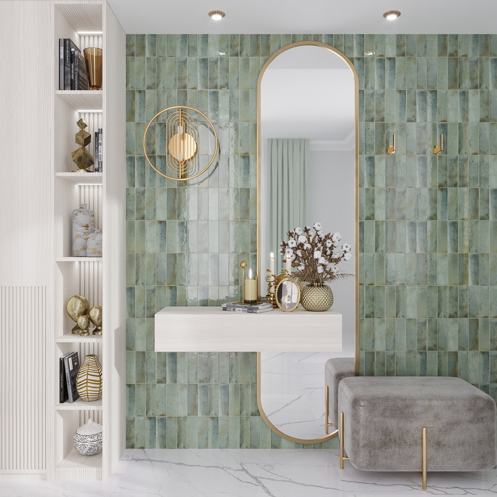 Sample-Antiek Sage Green 2.5x8 Glossy Ceramic Subway Tile (38 pack, 5.38 sq ft/case), photo 3 of 6