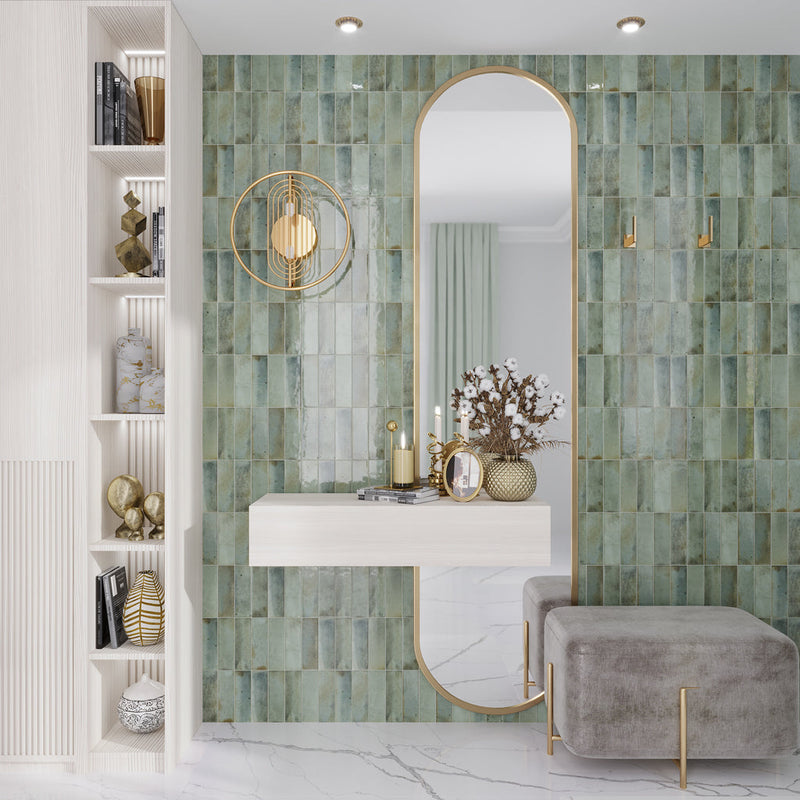 Sample-Antiek Sage Green 2.5x8 Glossy Ceramic Subway Tile (38 pack, 5.38 sq ft/case), photo 3 of 6
