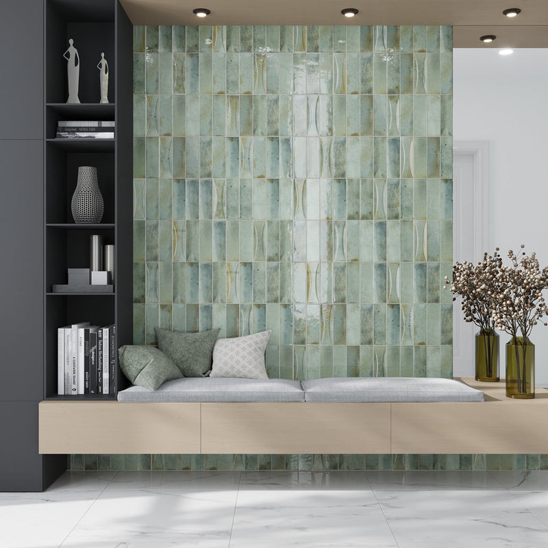 Sample-Antiek Sage Green 2.5x8 Glossy Ceramic Subway Tile (38 pack, 5.38 sq ft/case), photo 4 of 6