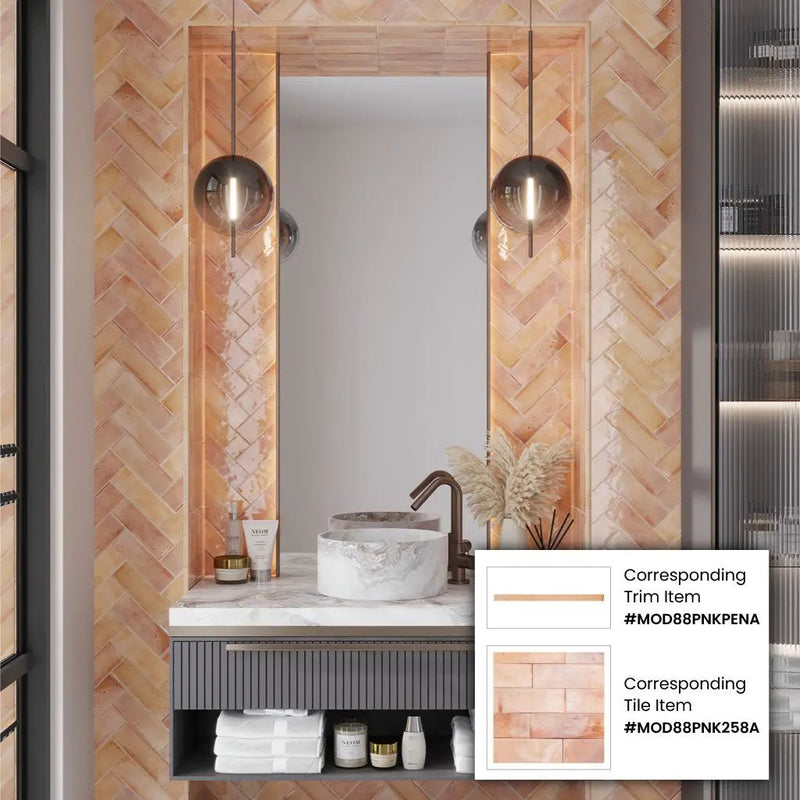 Pink 0.5x8 Glossy Ceramic Pencil Tile Trim (10 pack, 0.7 sq ft/case) by Apollo Tile
