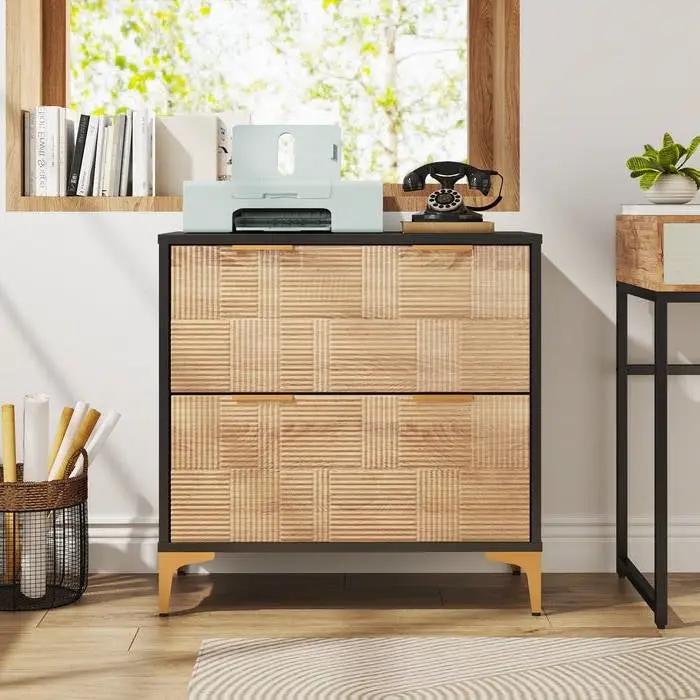 Retro Natural/Black with Gold Handles/Legs 2 Drawer Filing Cabinet Printer Stand by HomePacific