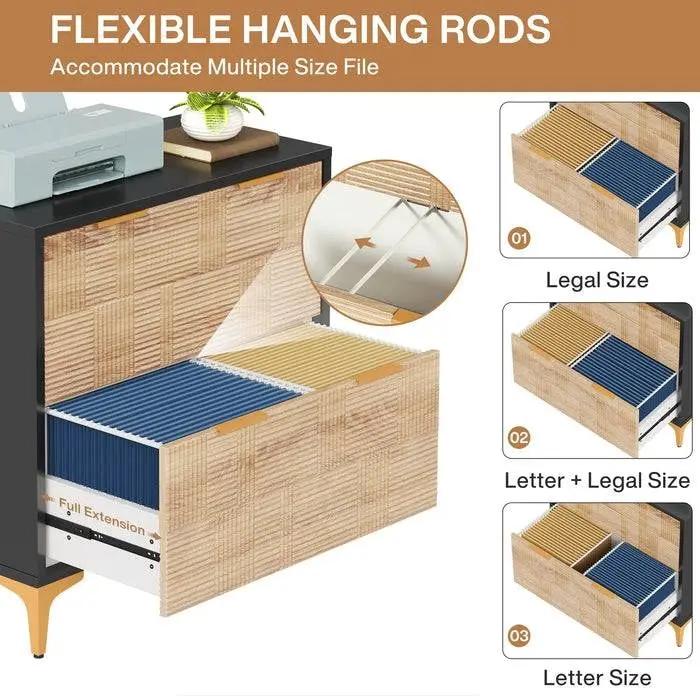 Retro Natural/Black with Gold Handles/Legs 2 Drawer Filing Cabinet Printer Stand by HomePacific