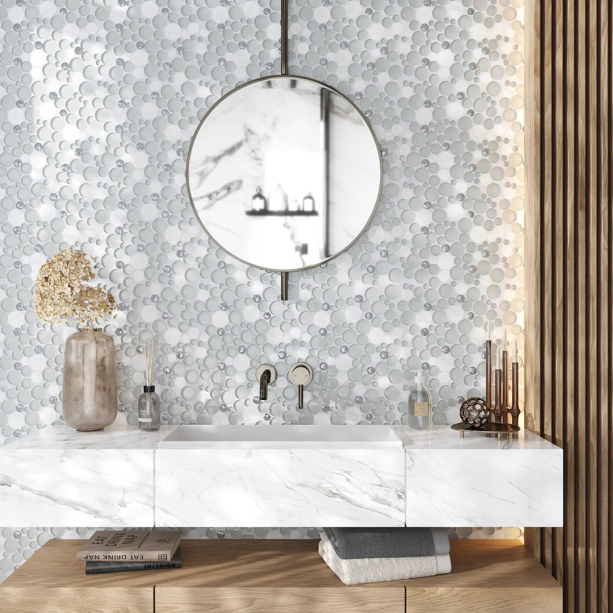 White 12x12 Glossy Matte Bubble Glass Marble Mosaic Tile (5 pack, 4.67 sq ft/case) by Apollo Tile