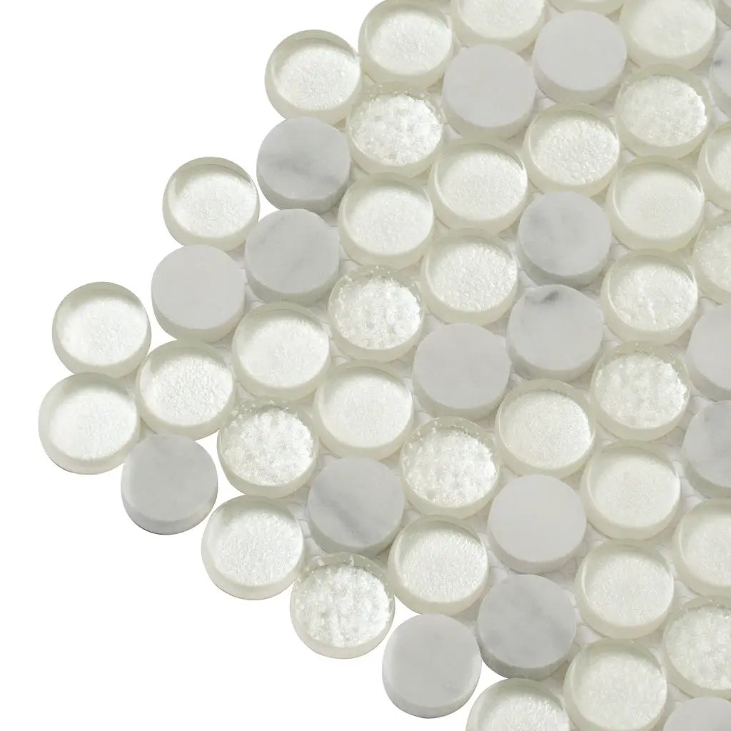 White 12x12 Glossy Penny Round Glass Marble Mosaic Tile (5 pack, 4.83 sq ft/case) by Apollo Tile