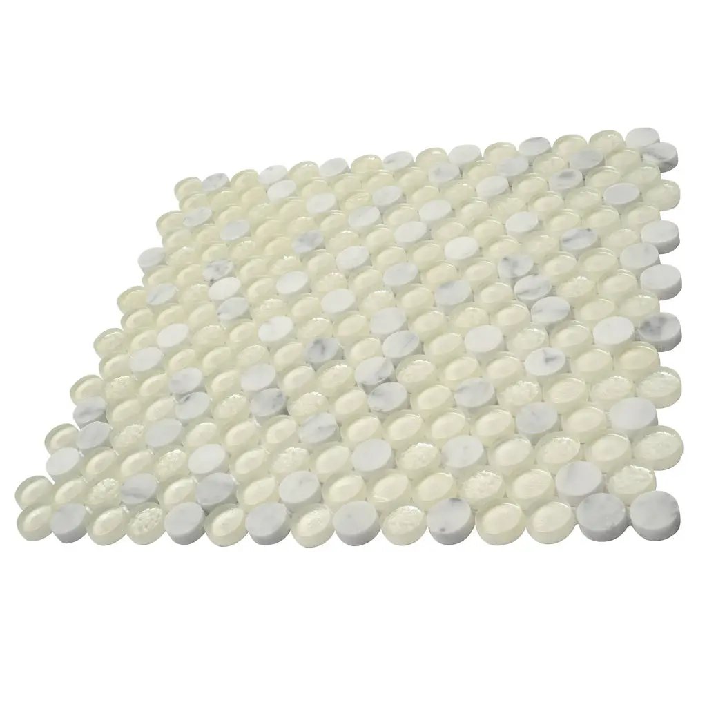 White 12x12 Glossy Penny Round Glass Marble Mosaic Tile (5 pack, 4.83 sq ft/case) by Apollo Tile