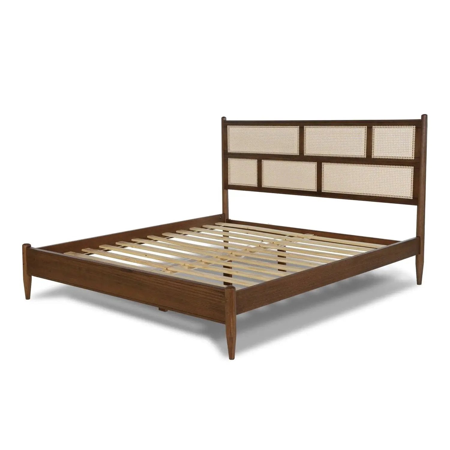 King Size Hardwood Platform Bed Frame with Cane Paneling Headboard in Walnut by HomePacific