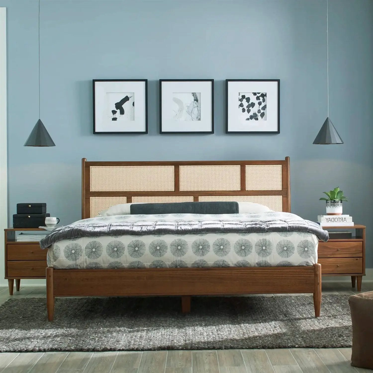 King Size Hardwood Platform Bed Frame with Cane Paneling Headboard in Walnut by HomePacific