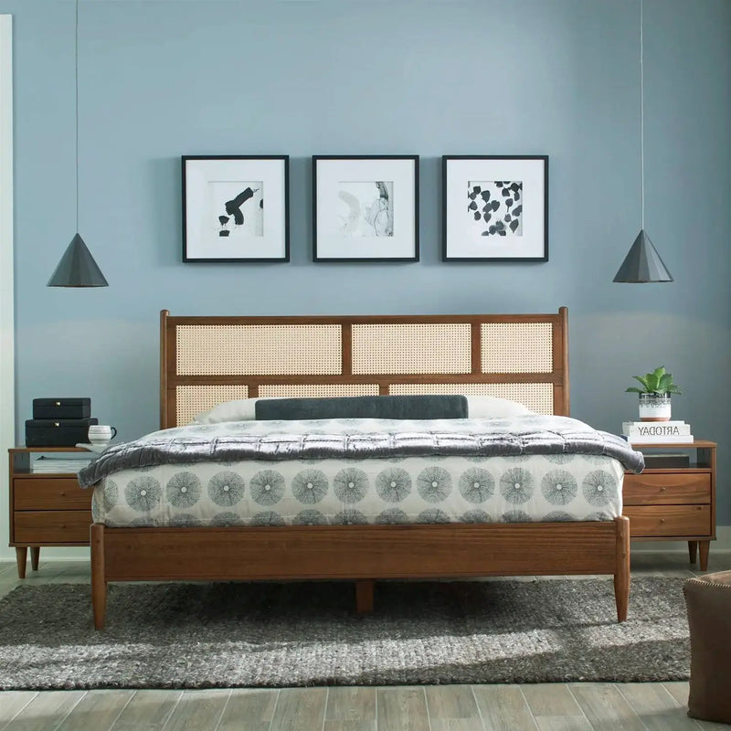 King Size Hardwood Platform Bed Frame with Cane Paneling Headboard in Walnut by HomePacific