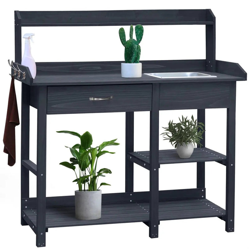 Grey Wood Outdoor Garden Potting Bench Storage Shelf with Removeable Sink by HomePacific