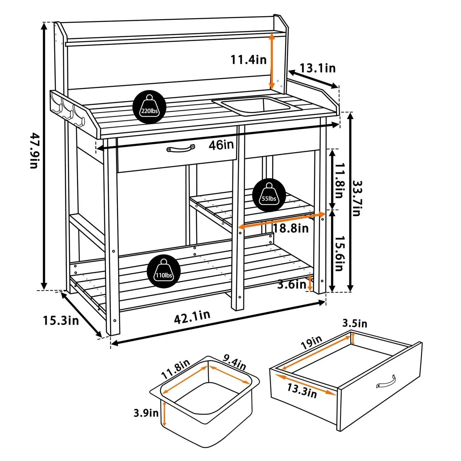 Grey Wood Outdoor Garden Potting Bench Storage Shelf with Removeable Sink by HomePacific