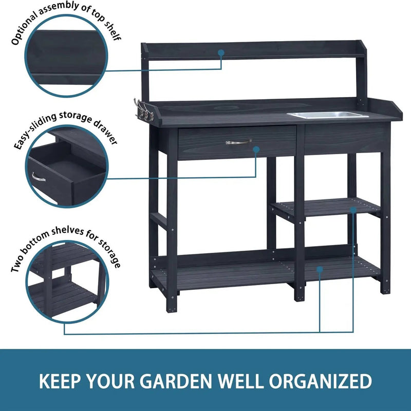 Grey Wood Outdoor Garden Potting Bench Storage Shelf with Removeable Sink by HomePacific