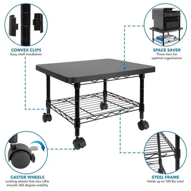 Multipurpose Black Metal 2-Tier Mobile Under Desk Printer Stand Cart w/ Casters by HomePacific