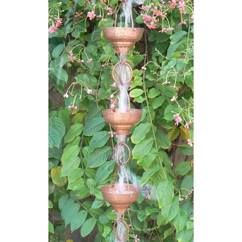 Pure Copper 8.5-Ft Rain Chain with 13 Hammered Funnel Shape Cups by HomePacific