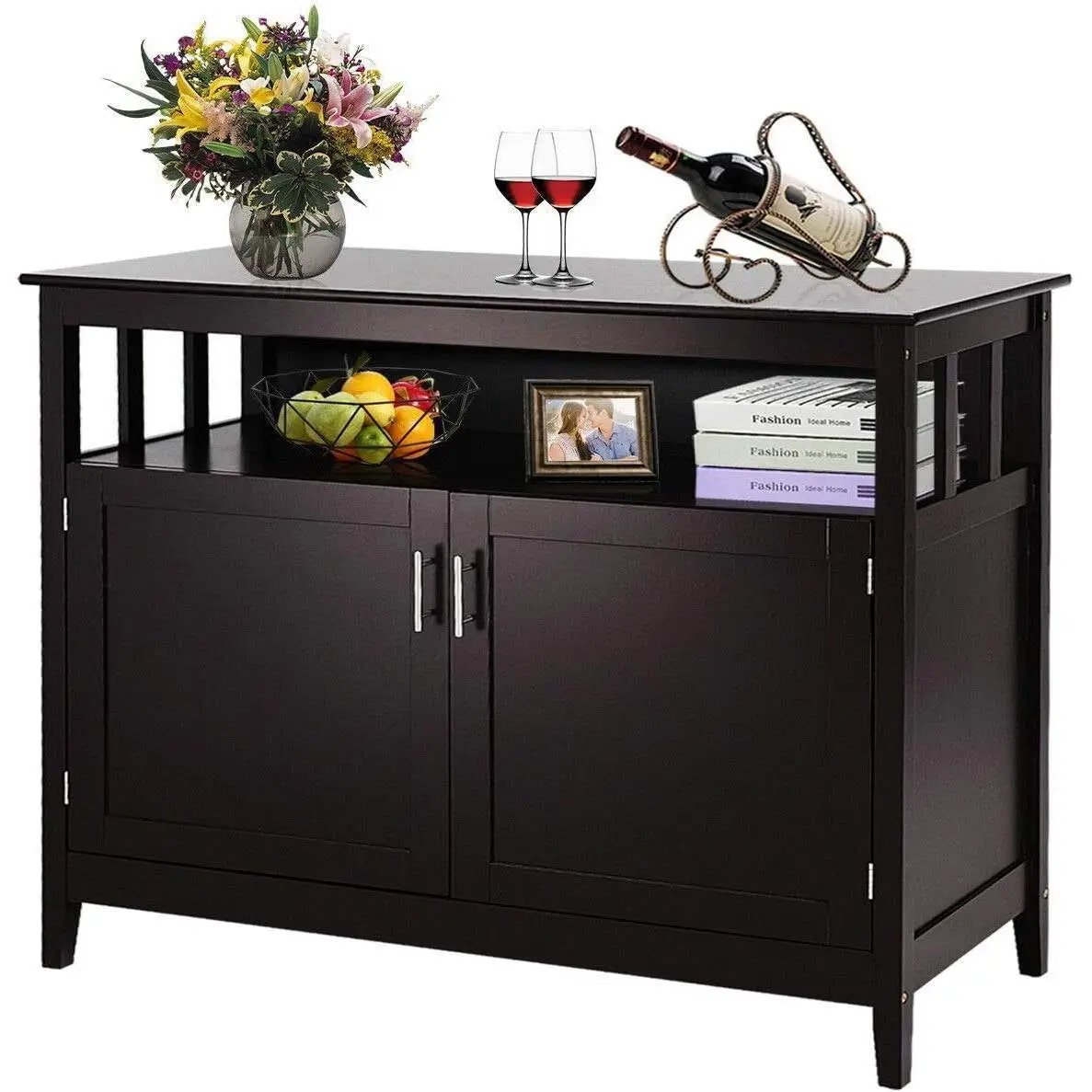 Dark Brown Wood 2-Door Dining Buffet Sideboard Cabinet with Open Storage Shelf by HomePacific