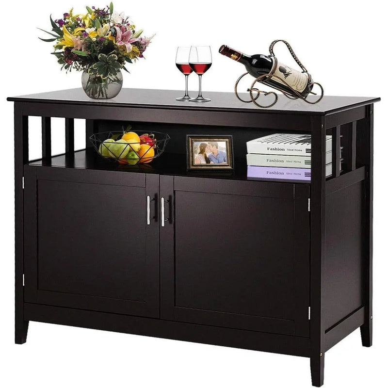 Dark Brown Wood 2-Door Dining Buffet Sideboard Cabinet with Open Storage Shelf by HomePacific