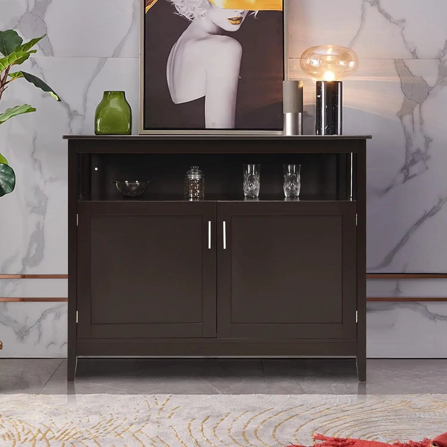 Dark Brown Wood 2-Door Dining Buffet Sideboard Cabinet with Open Storage Shelf by HomePacific