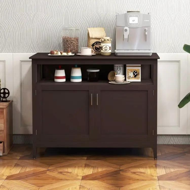 Dark Brown Wood 2-Door Dining Buffet Sideboard Cabinet with Open Storage Shelf by HomePacific