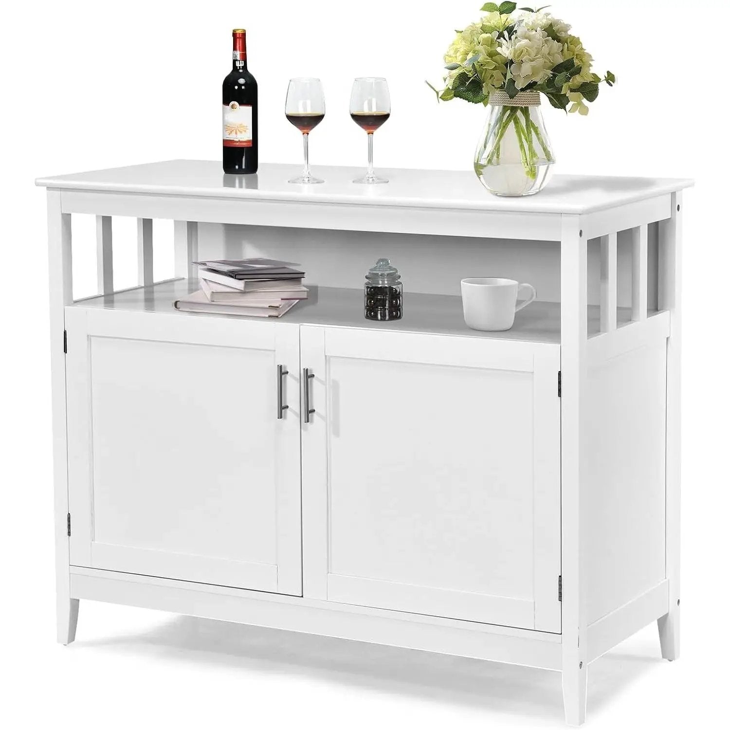 White Wood 2-Door Dining Buffet Sideboard Cabinet with Open Storage Shelf by HomePacific