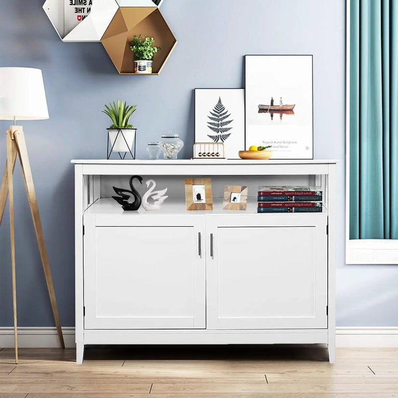White Wood 2-Door Dining Buffet Sideboard Cabinet with Open Storage Shelf by HomePacific