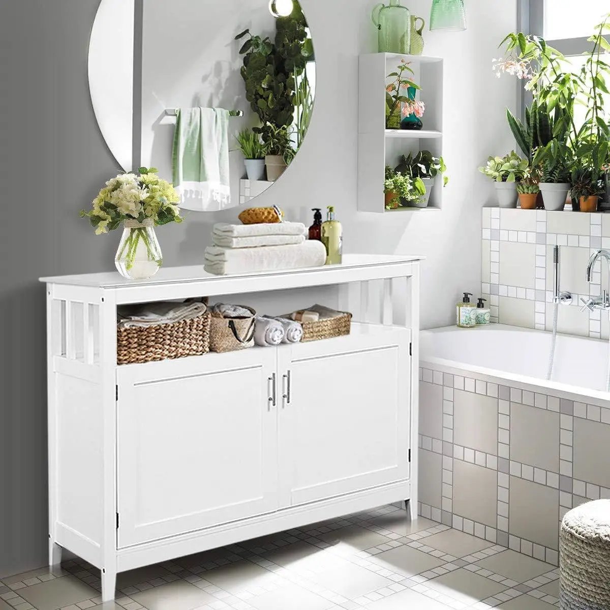 White Wood 2-Door Dining Buffet Sideboard Cabinet with Open Storage Shelf by HomePacific