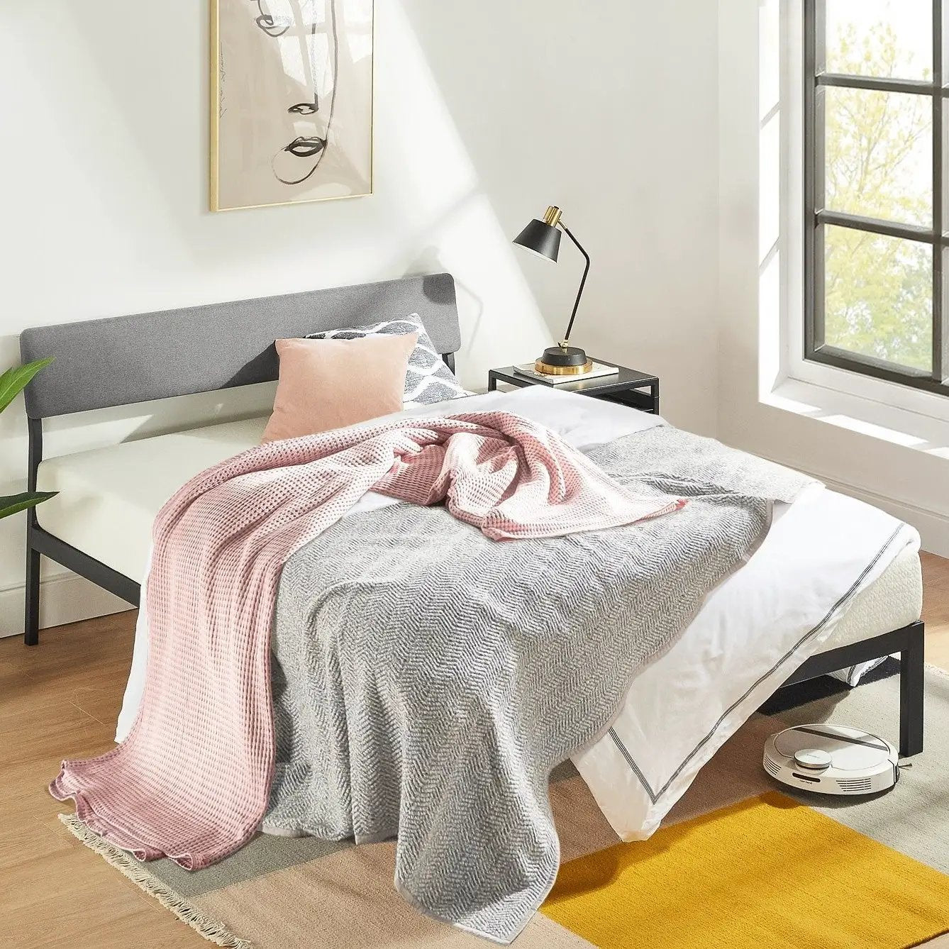 Queen Size Grey Soft Fabric Metal Headboard Platform Bed Wooden Slats by HomePacific
