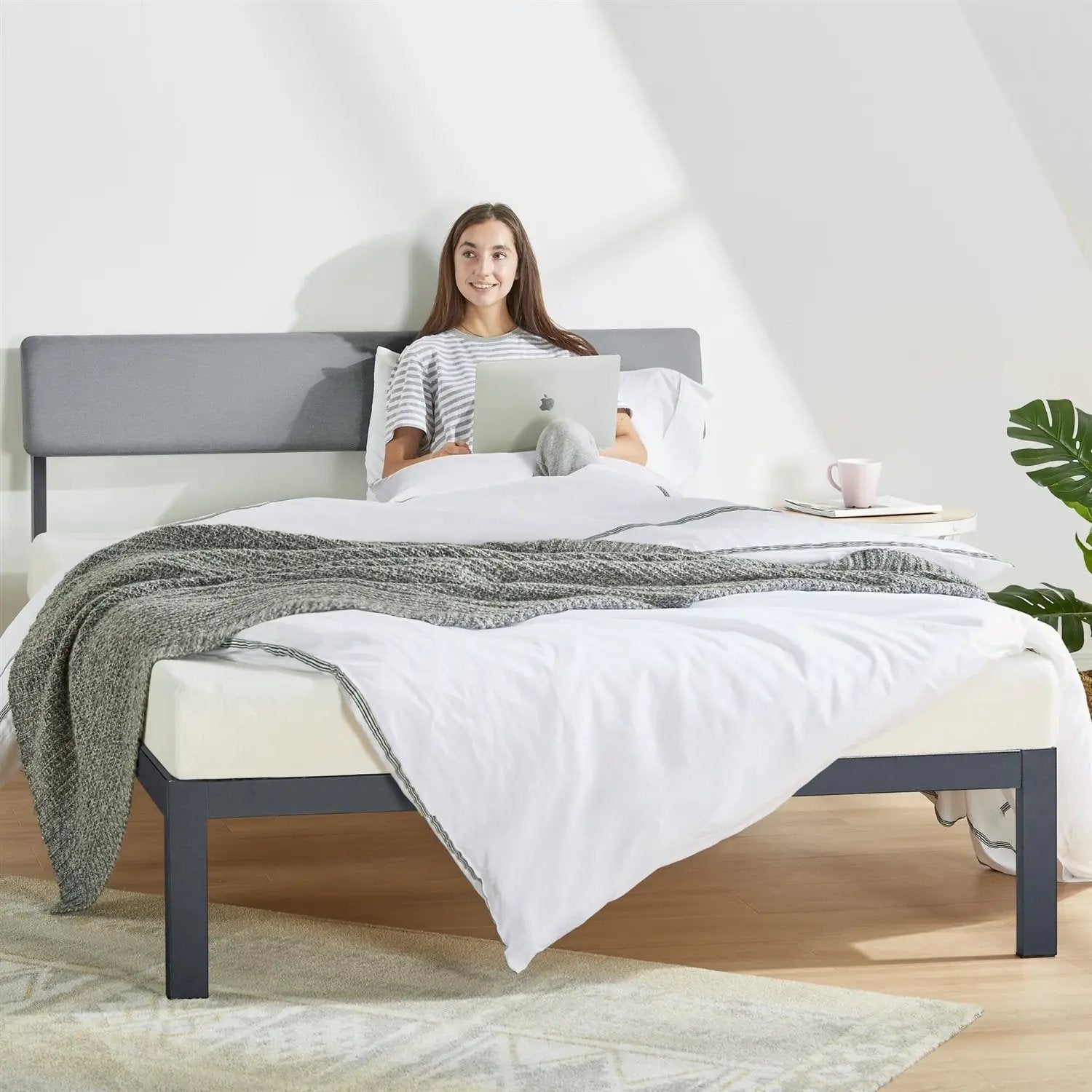 Queen Size Grey Soft Fabric Metal Headboard Platform Bed Wooden Slats by HomePacific