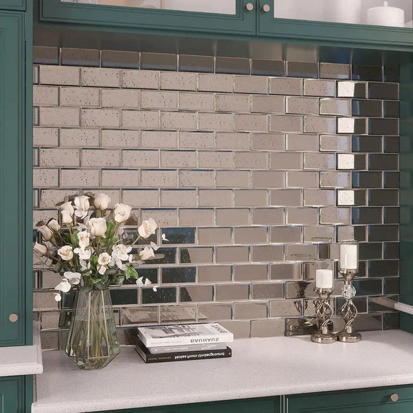 Glister Antique Silver 3x6 Polished & Beveled Mirror Glass Subway Tile (40 pack, 5 sq ft/case)