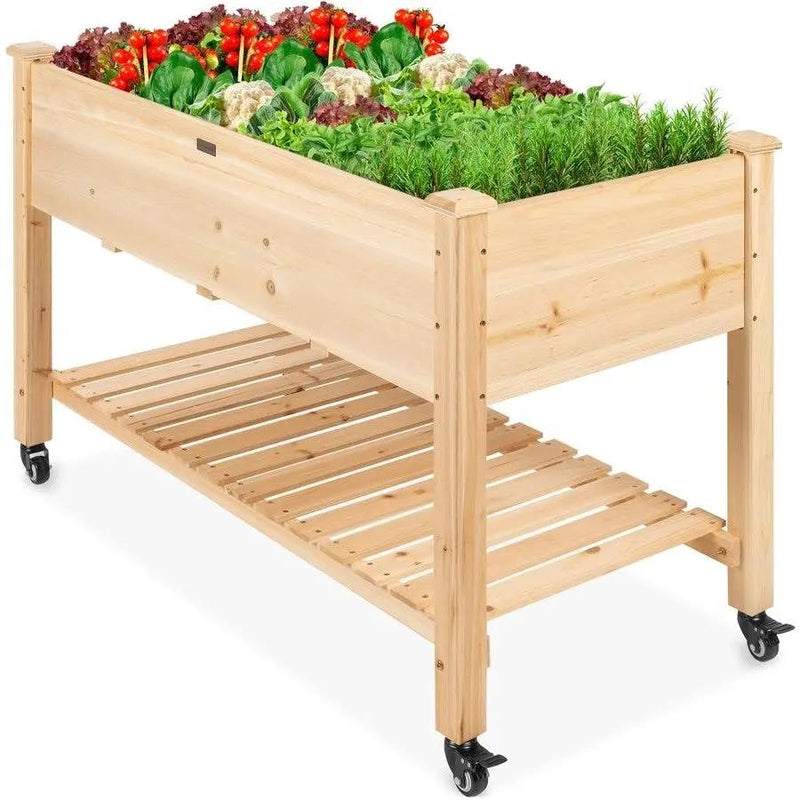 Solid Wood Locking Wheels Raised Mobile Garden Wood Planter Elevated Planter by HomePacific