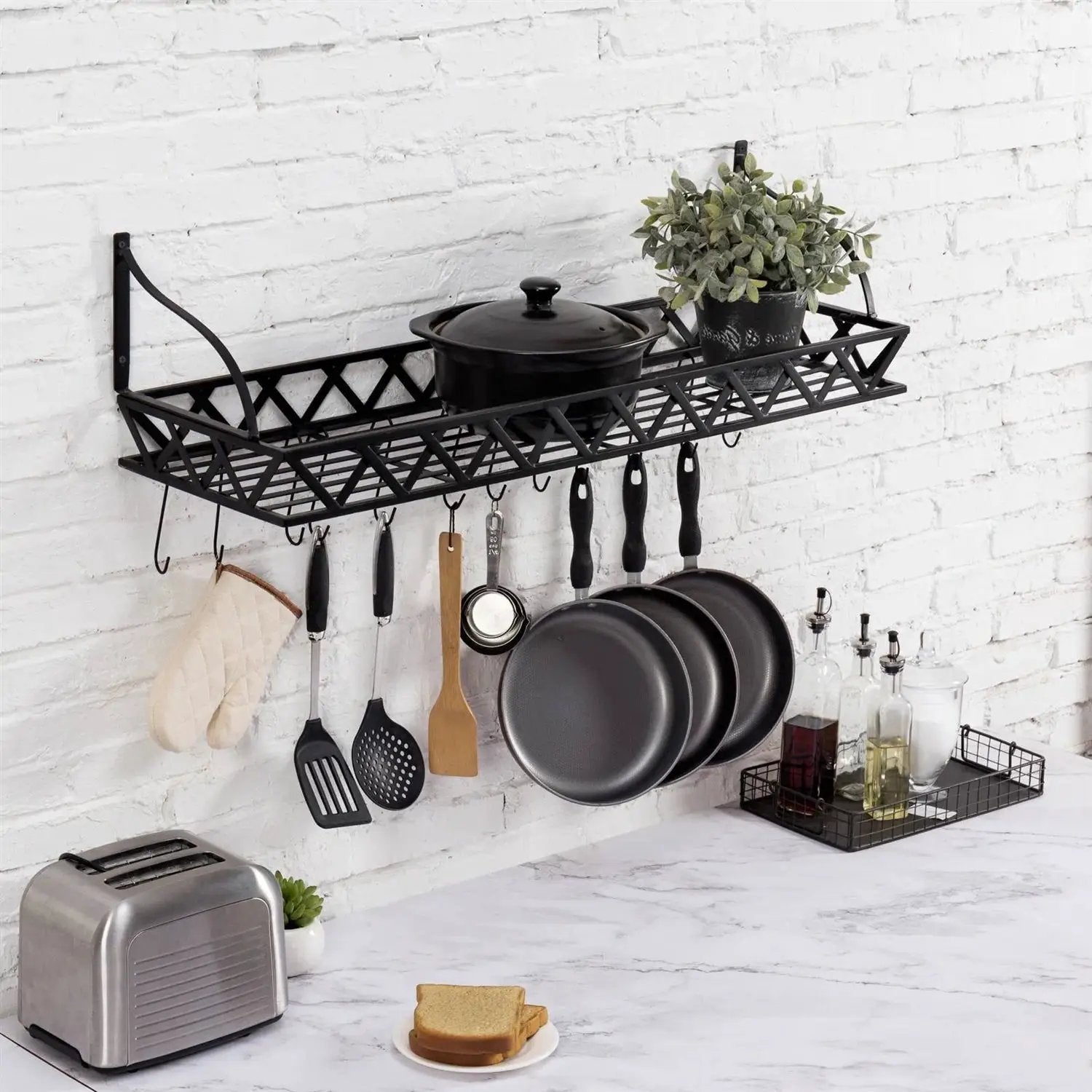 Black Metal Rectangular Wall Mounted Kitchen Pot Rack with 12 Hanging Hooks by HomePacific