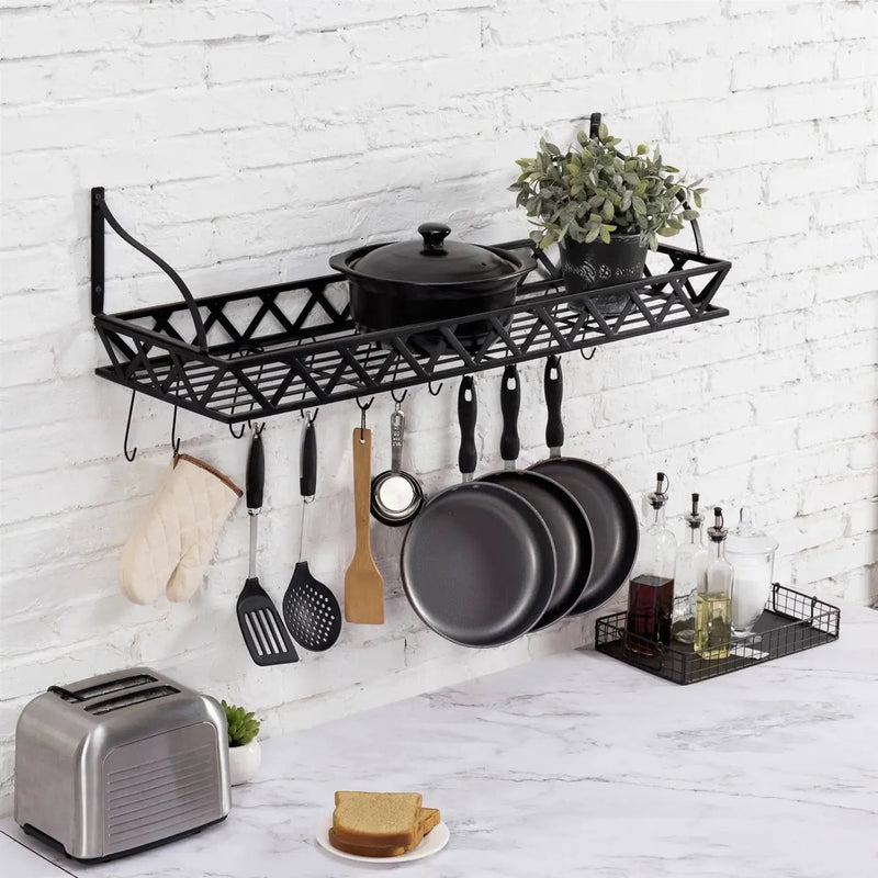 Black Metal Rectangular Wall Mounted Kitchen Pot Rack with 12 Hanging Hooks by HomePacific