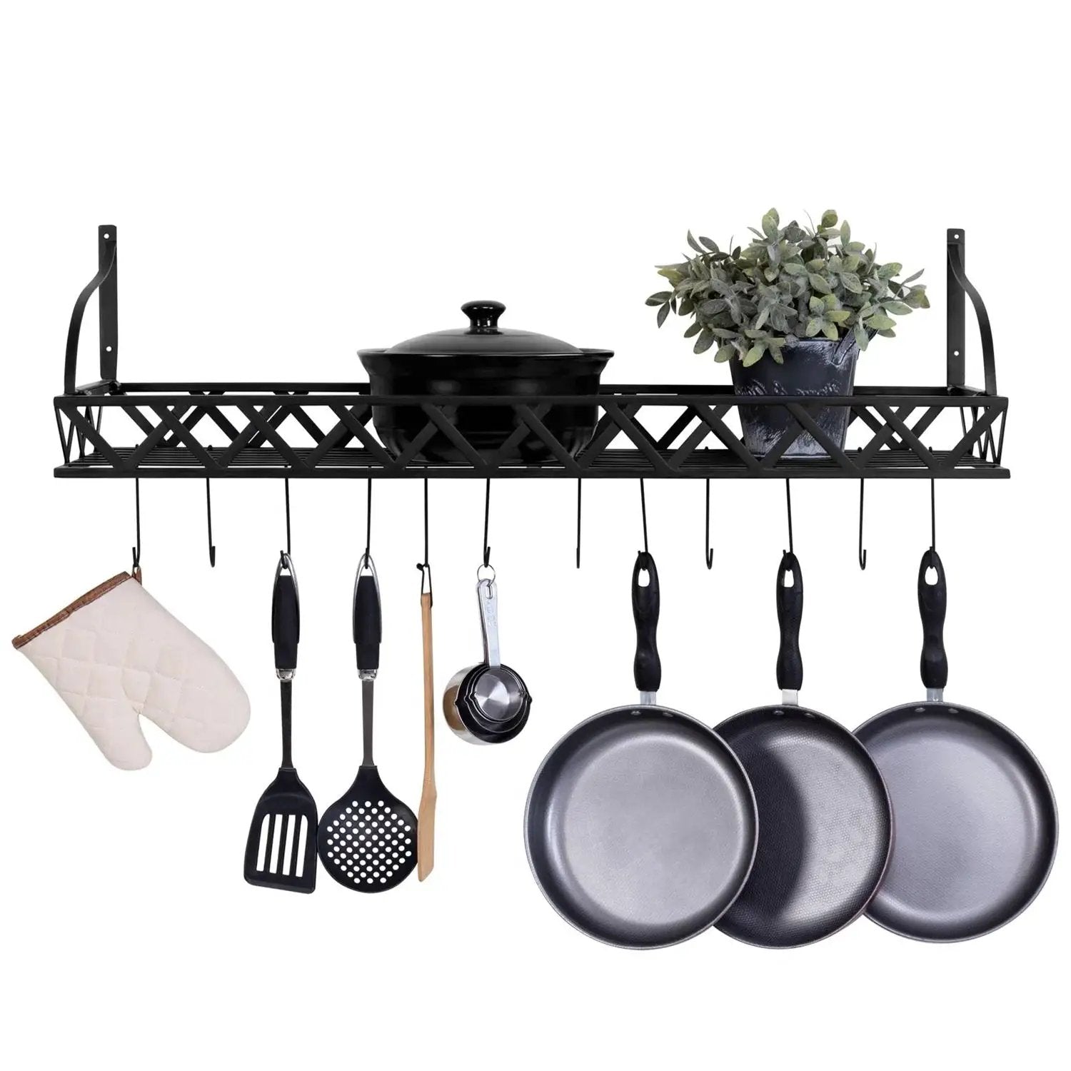 Black Metal Rectangular Wall Mounted Kitchen Pot Rack with 12 Hanging Hooks by HomePacific