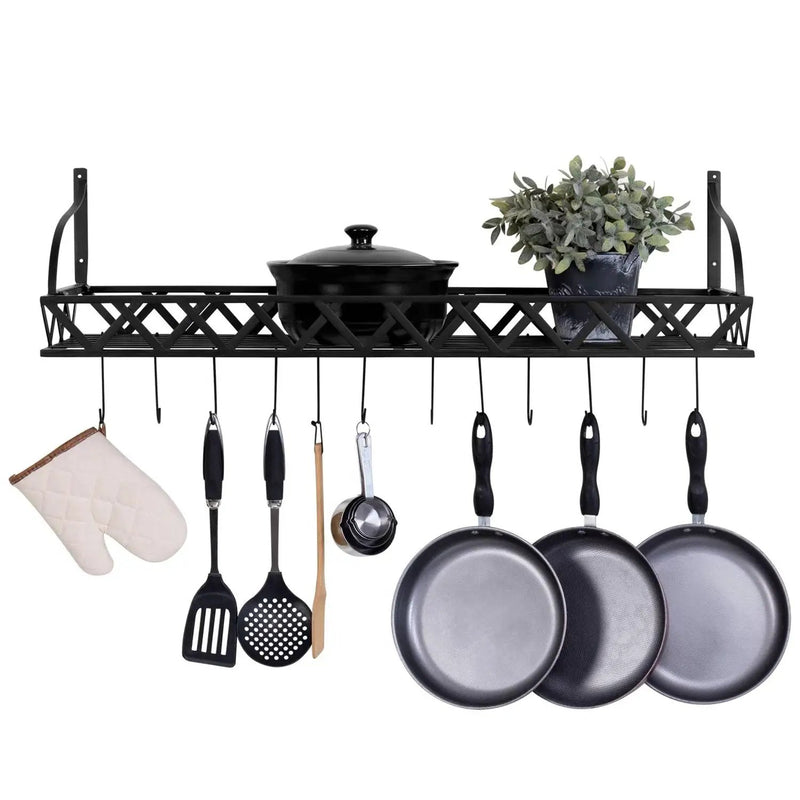 Black Metal Rectangular Wall Mounted Kitchen Pot Rack with 12 Hanging Hooks by HomePacific