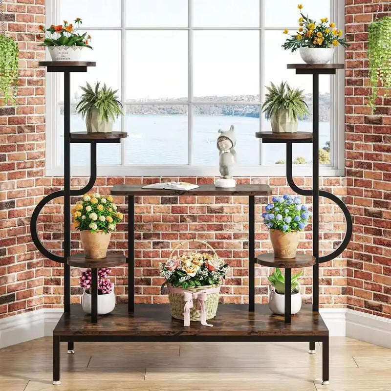 Modern Industrial Metal Wood Stepped Shelf Bookcase Plant Stand Shelving Unit by HomePacific