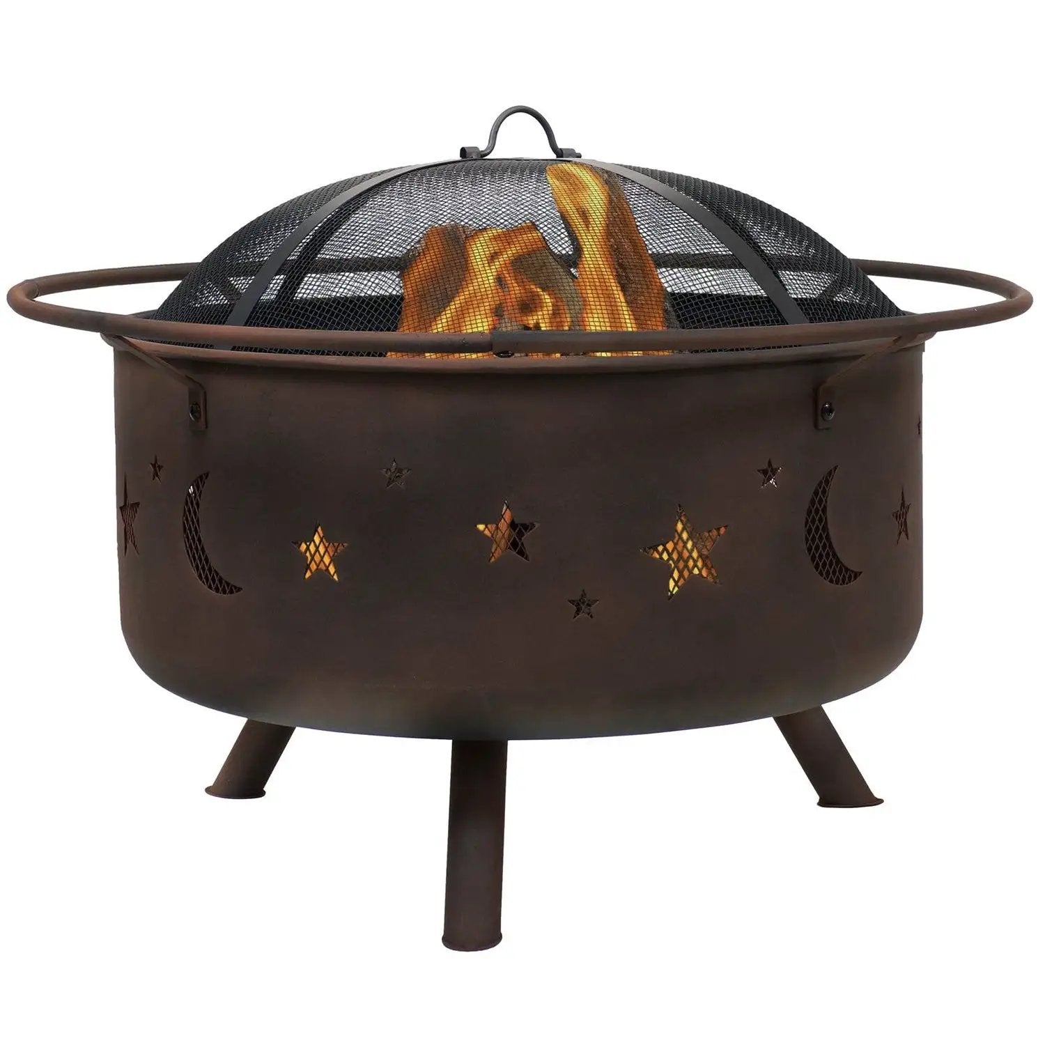 Moon Stars Sky Steel Fire Pit Bowl with Screen Cooking Grate and Poker by HomePacific