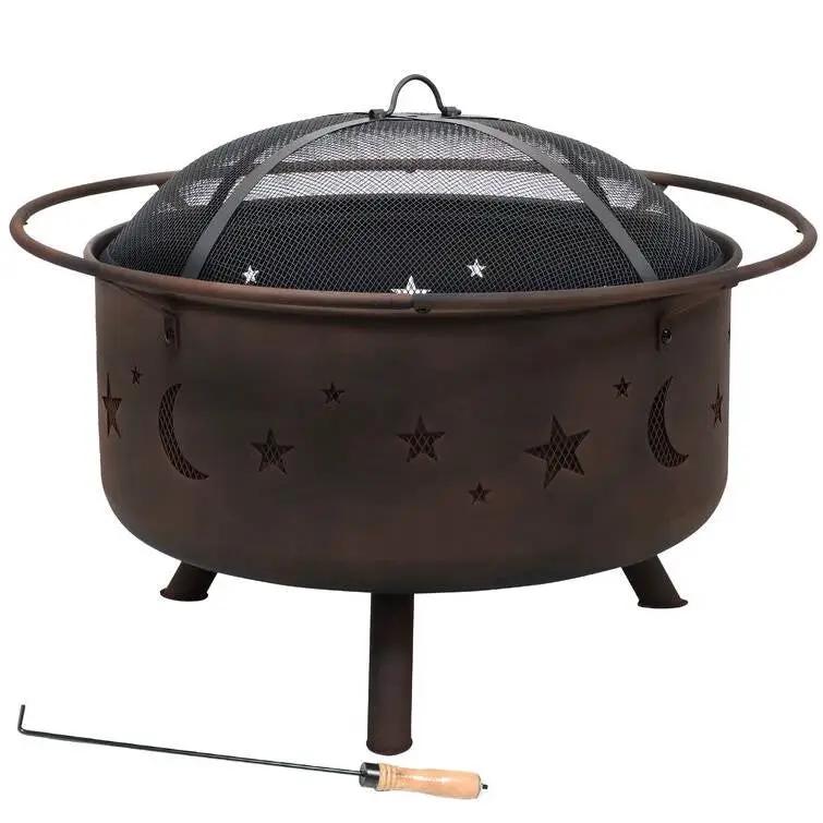 Moon Stars Sky Steel Fire Pit Bowl with Screen Cooking Grate and Poker by HomePacific