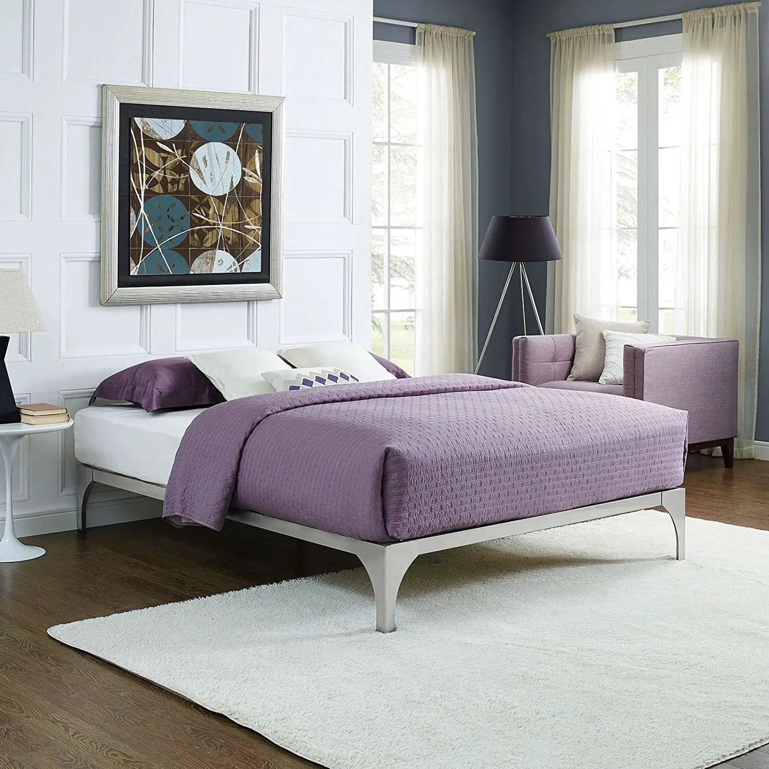 King size Modern Metal Platform Bed Frame in Silver Finish with Wood Slats by HomePacific