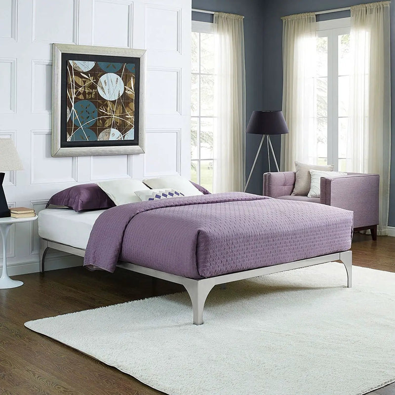 King size Modern Metal Platform Bed Frame in Silver Finish with Wood Slats by HomePacific