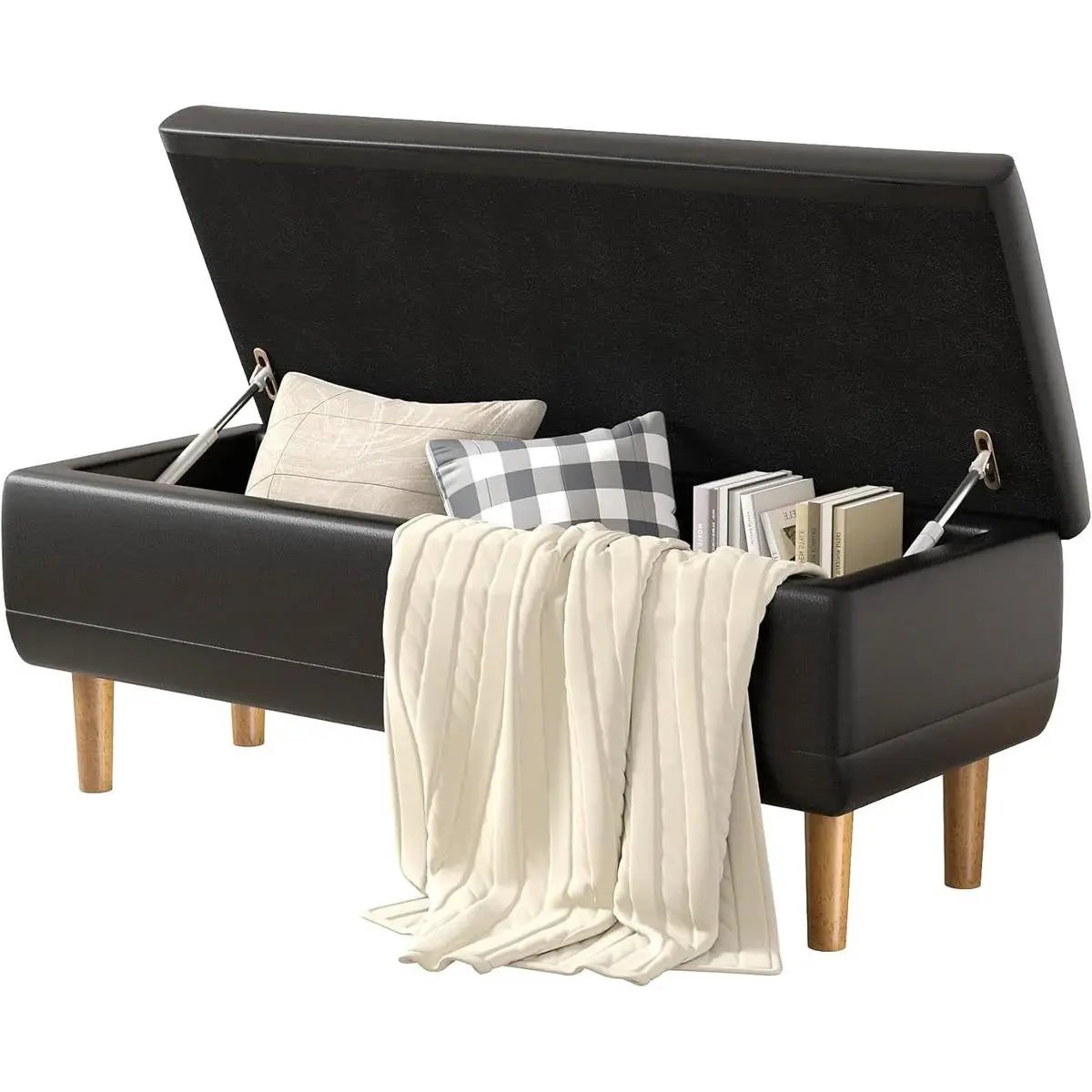 Modern Mid-Century Black Faux Leather End of Bed Storage Bench Ottoman by HomePacific
