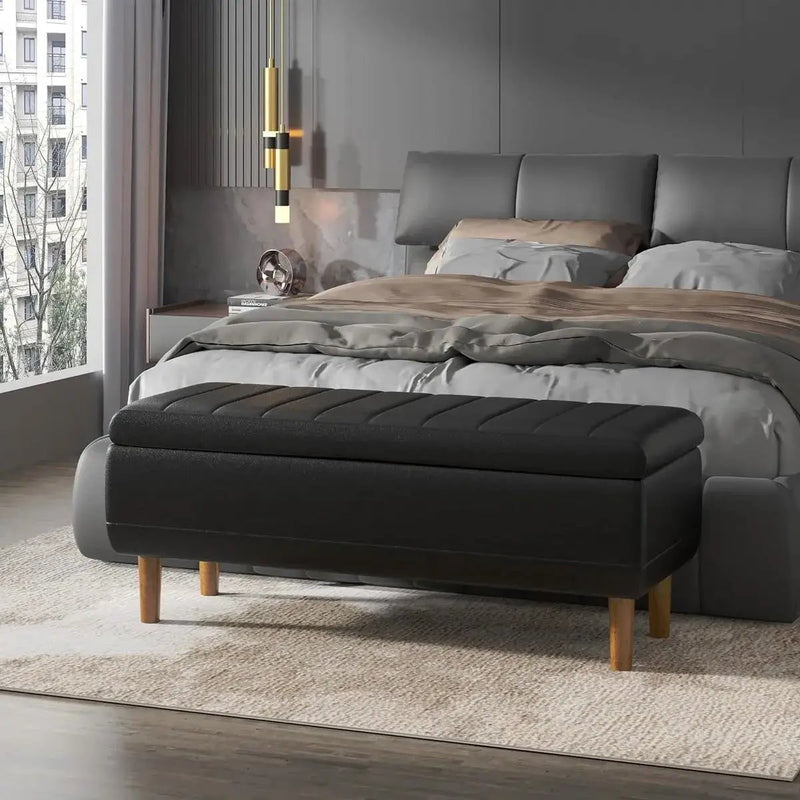 Modern Mid-Century Black Faux Leather End of Bed Storage Bench Ottoman by HomePacific