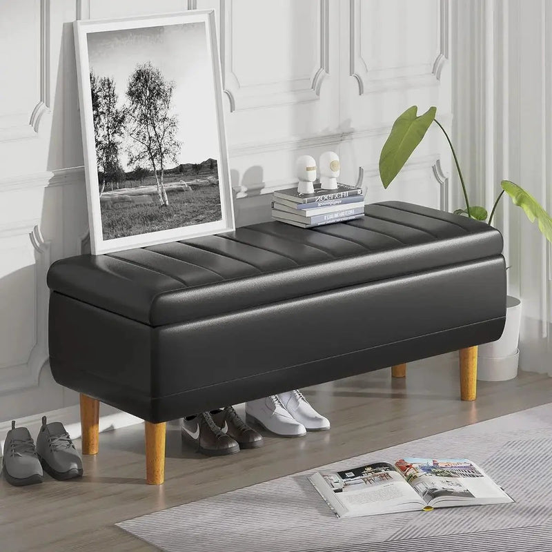 Modern Mid-Century Black Faux Leather End of Bed Storage Bench Ottoman by HomePacific