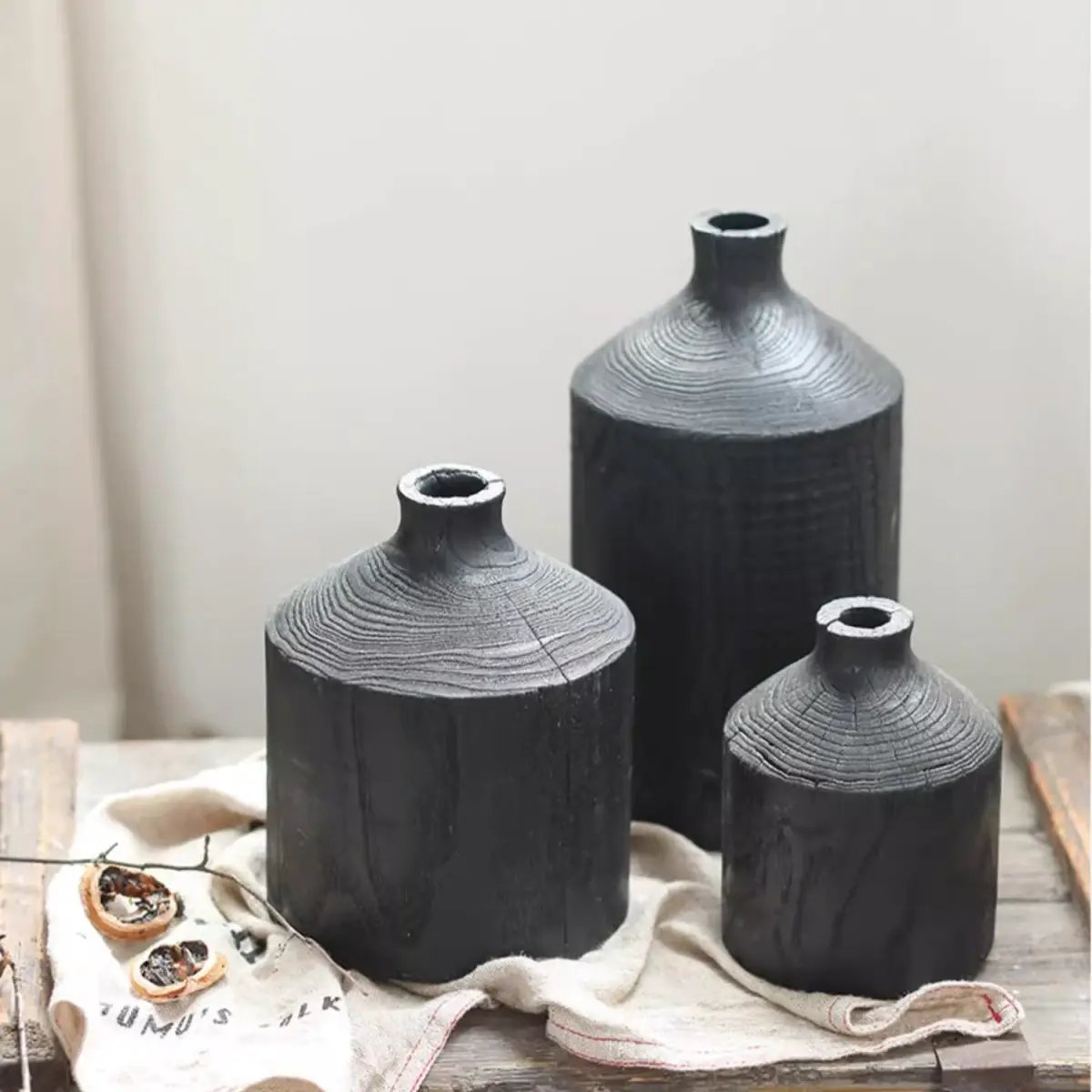 Black Wooden Vase Narrow Neck Decorative Bottle by RusticReach