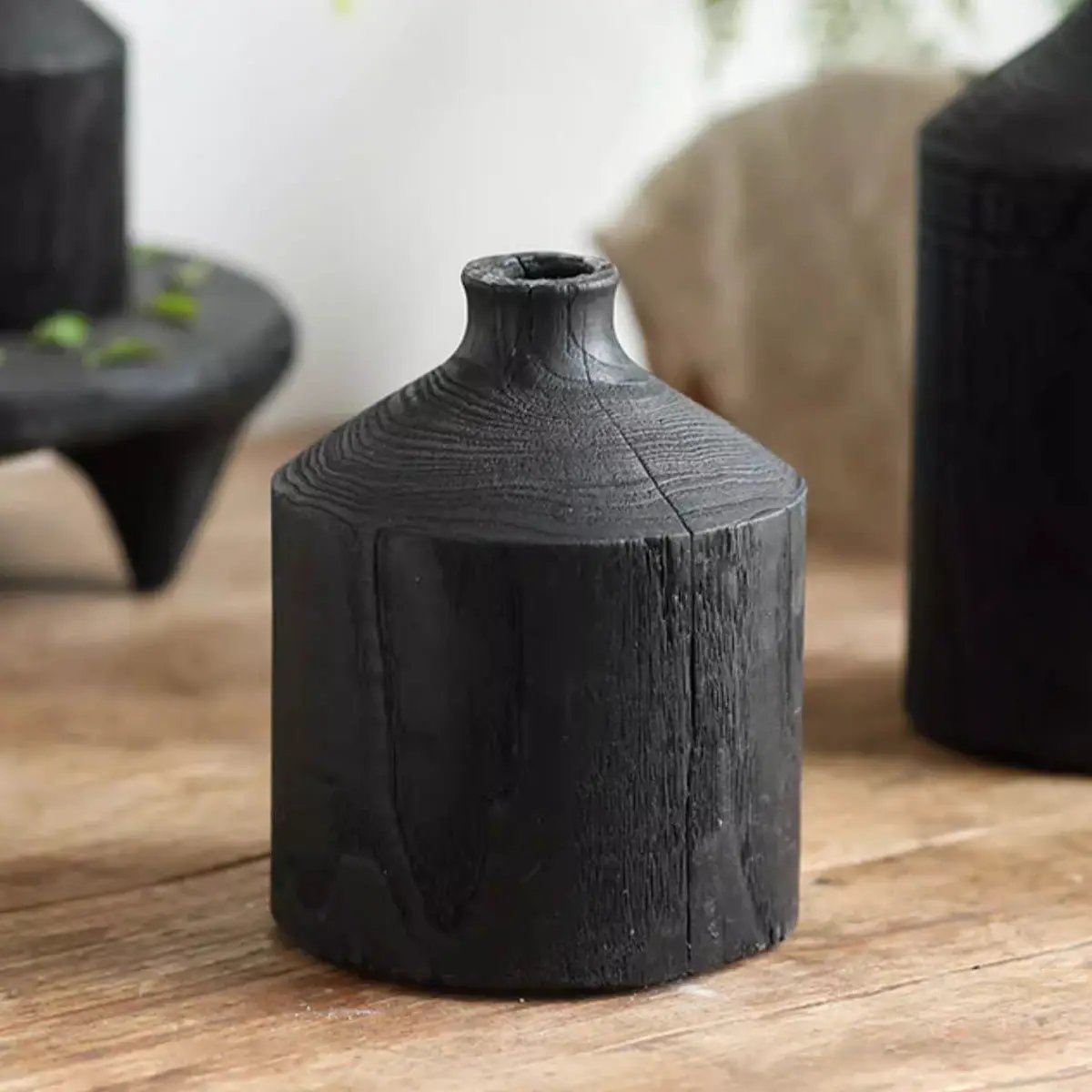 Black Wooden Vase Narrow Neck Decorative Bottle by RusticReach